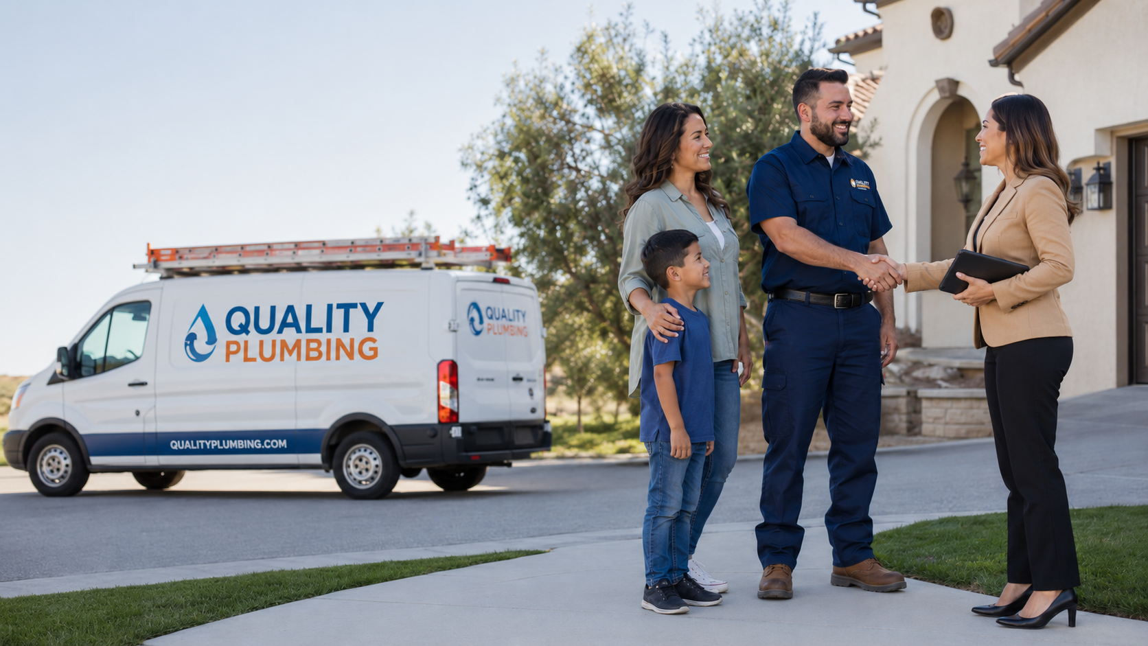 A business owner greeting customers outside a service van