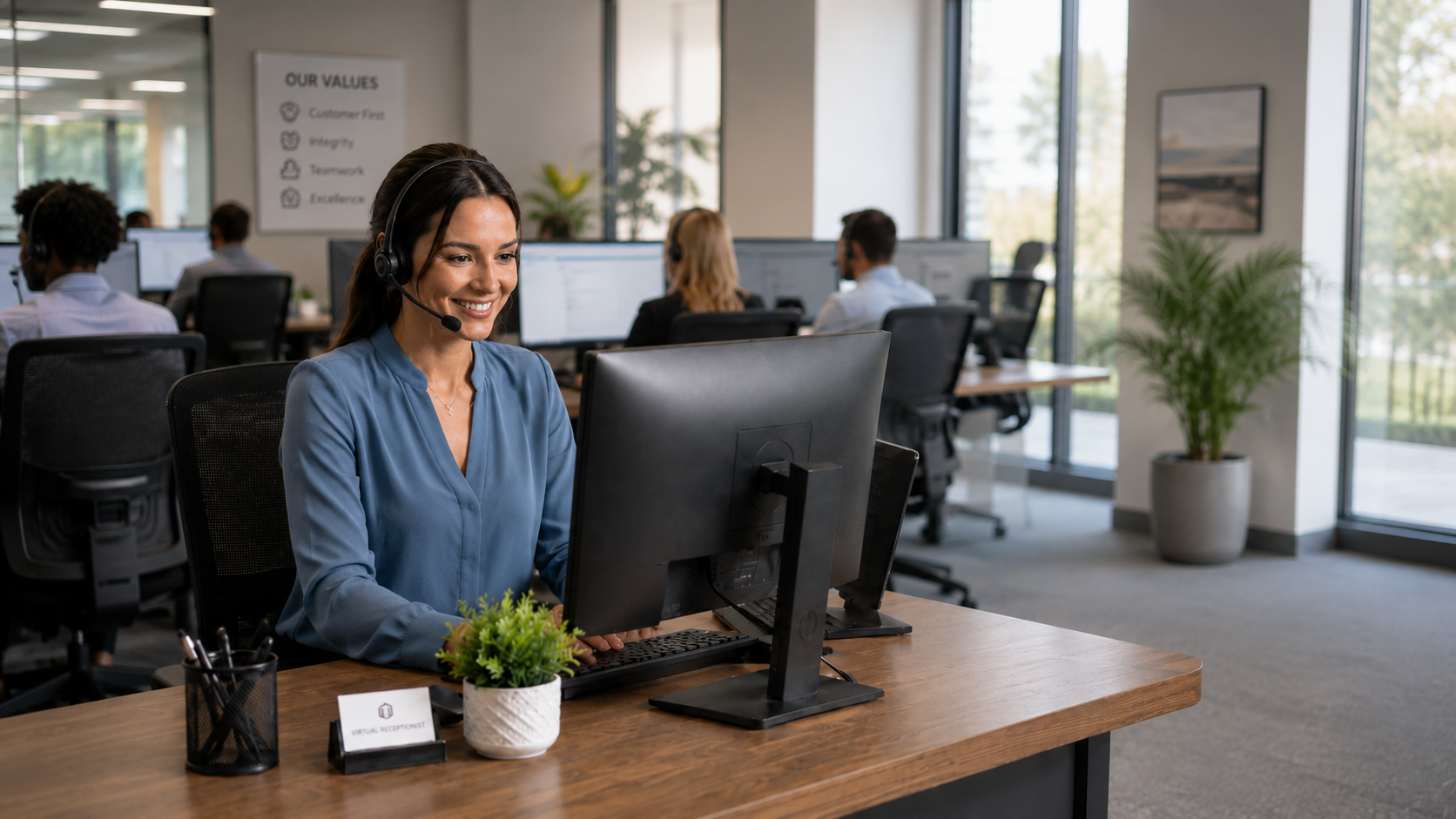 A professional at a desk with open office space on the right