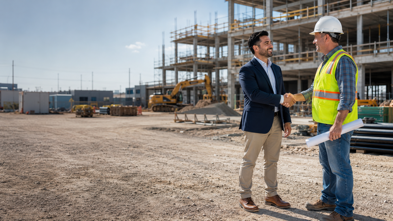 A business consultant shaking hands on a job site with open space on the left